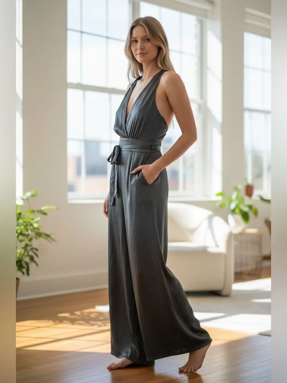 Love Bonito charcoal plunging neckline wide leg jumpsuit NWT Small